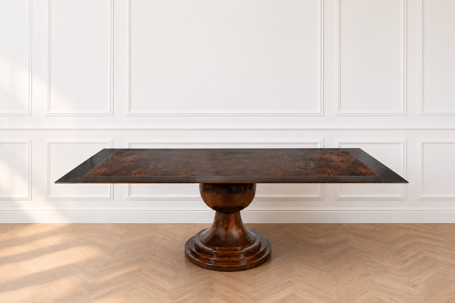 Pedestal table with walnut bur